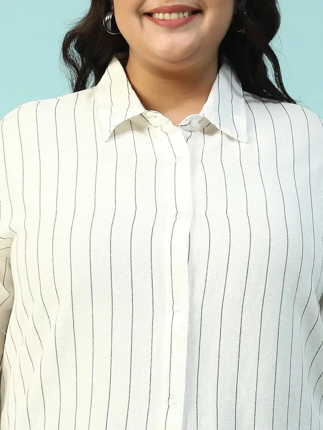 Refined White Collared Stripe Print Long Sleeve Button Down Linen Plus Size Women Cotton Shirt - Image 6