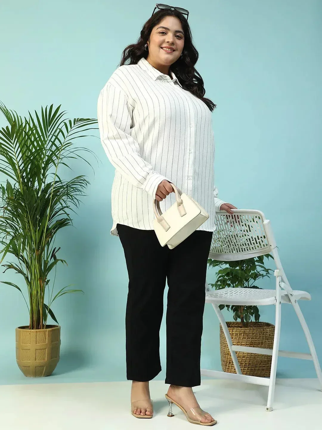 Refined White Collared Stripe Print Long Sleeve Button Down Linen Plus Size Women Cotton Shirt - Image 7
