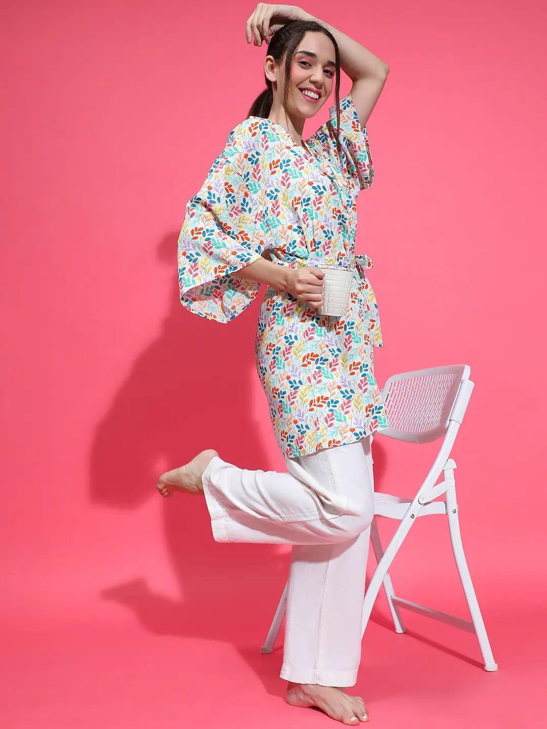 Refresh White Floral Print Women Top Open Collar Nightwear Shrug Available - Image 7