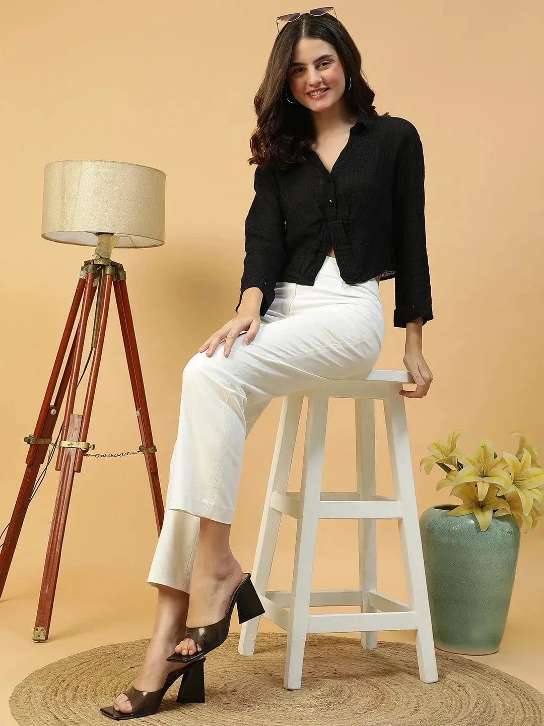 Retro Black Long Sleeve Open Collar Women Crop Cotton Shirt - Image 8