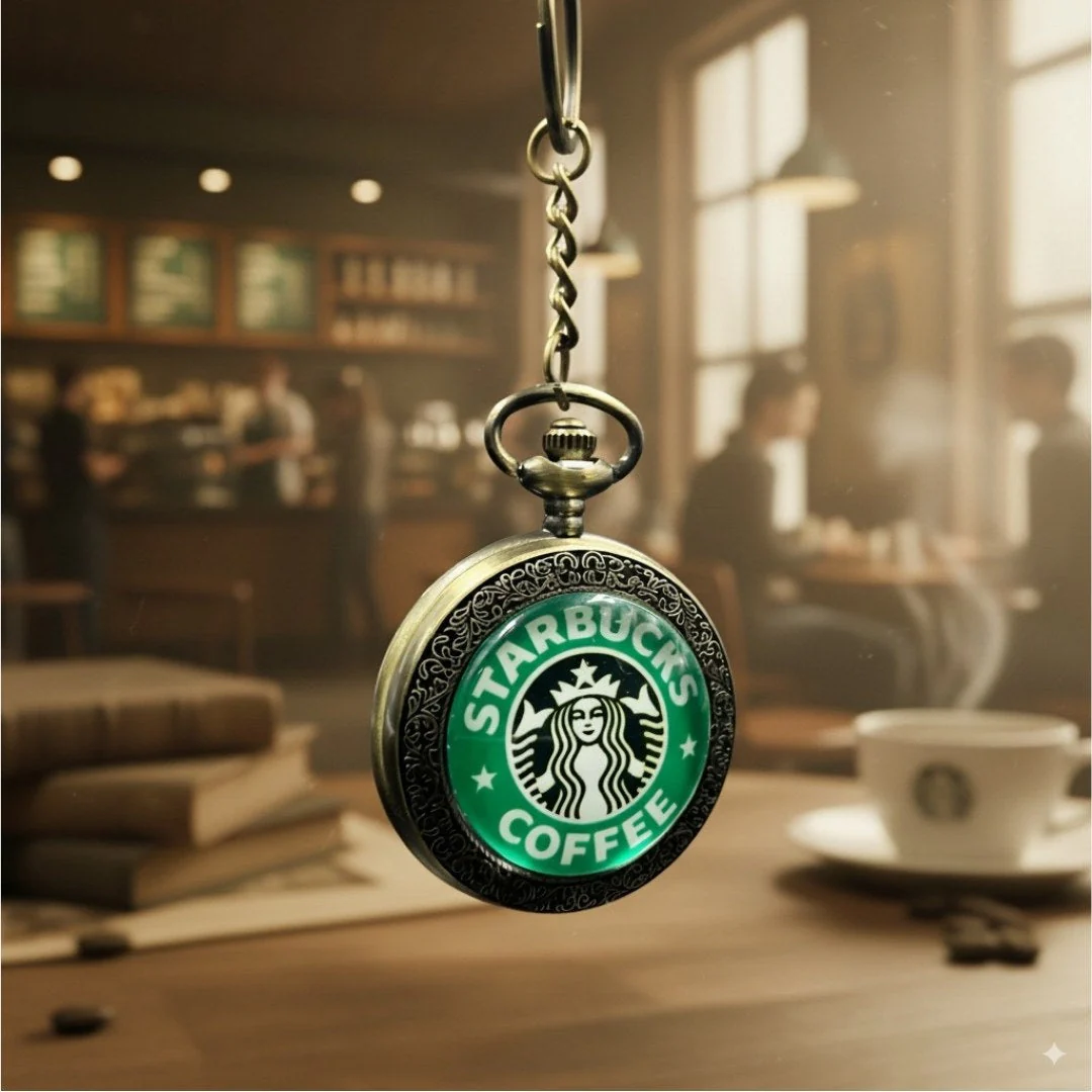 Retro Metal Pocket Watch Keychain - Starbucks - Image 2