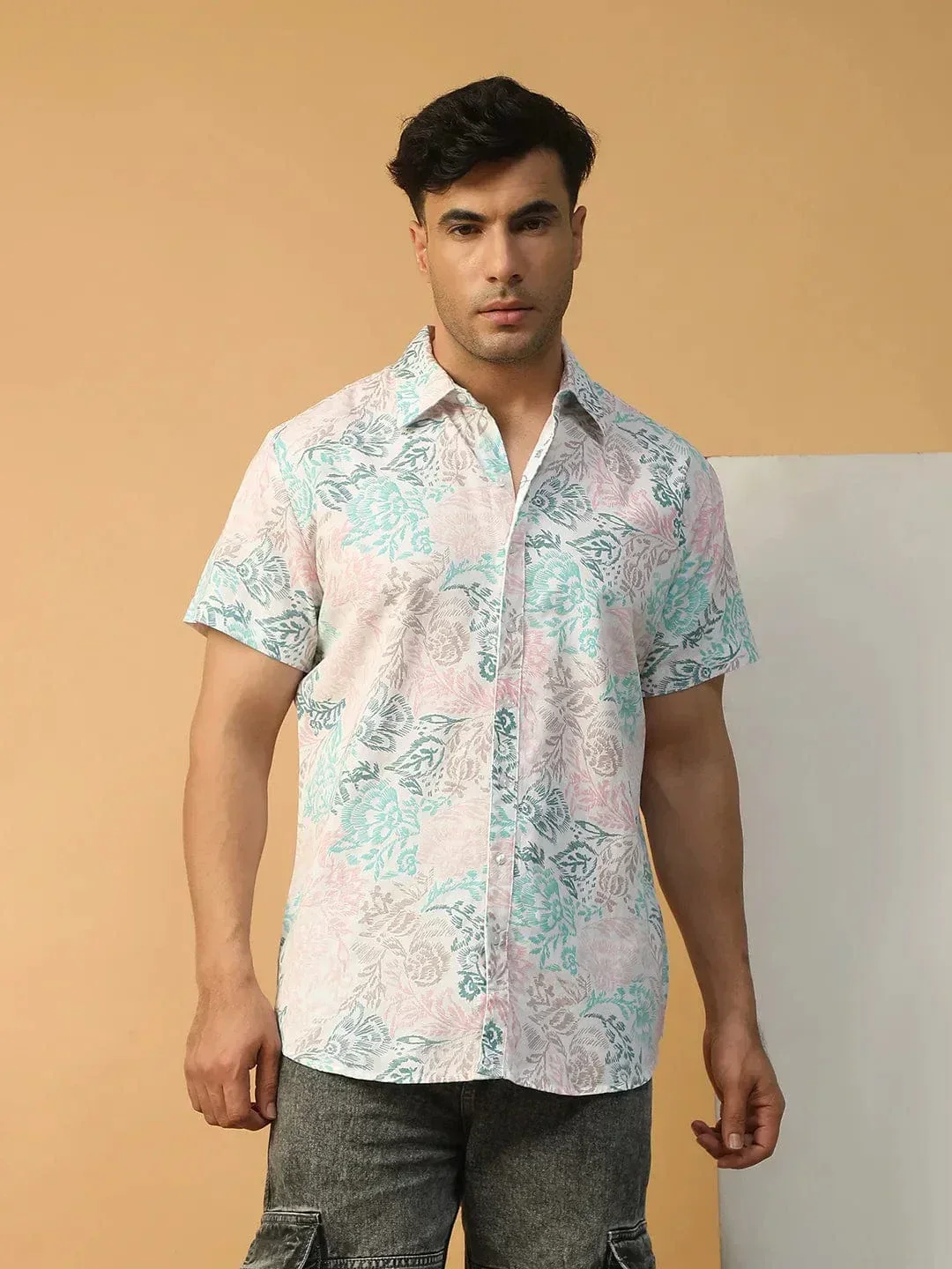Rizz Tropical Print Multicolor Collared Short Sleeve Men Oversized Cotton Shirt