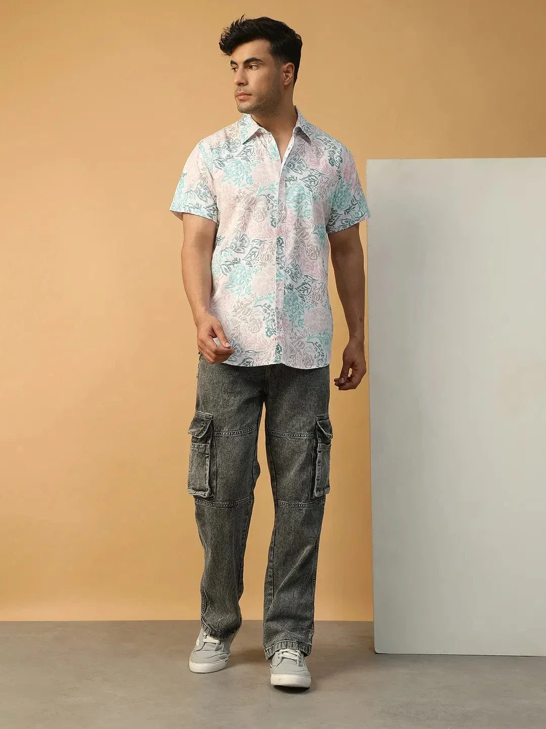 Rizz Tropical Print Multicolor Collared Short Sleeve Men Oversized Cotton Shirt - Image 3
