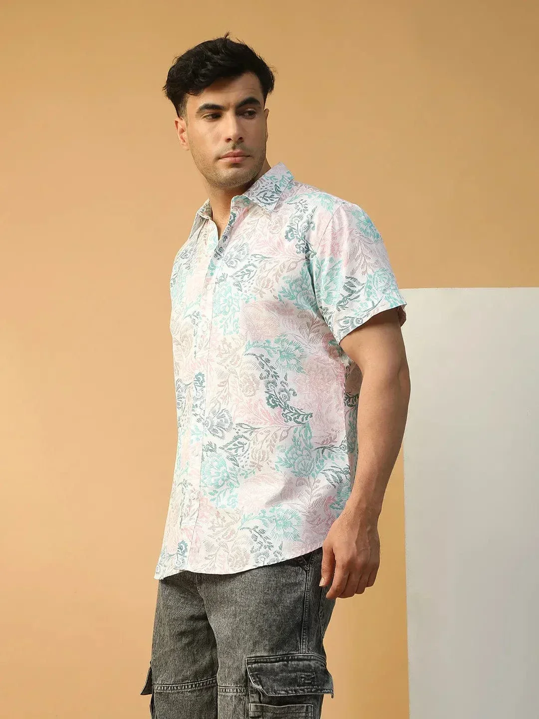 Rizz Tropical Print Multicolor Collared Short Sleeve Men Oversized Cotton Shirt - Image 4