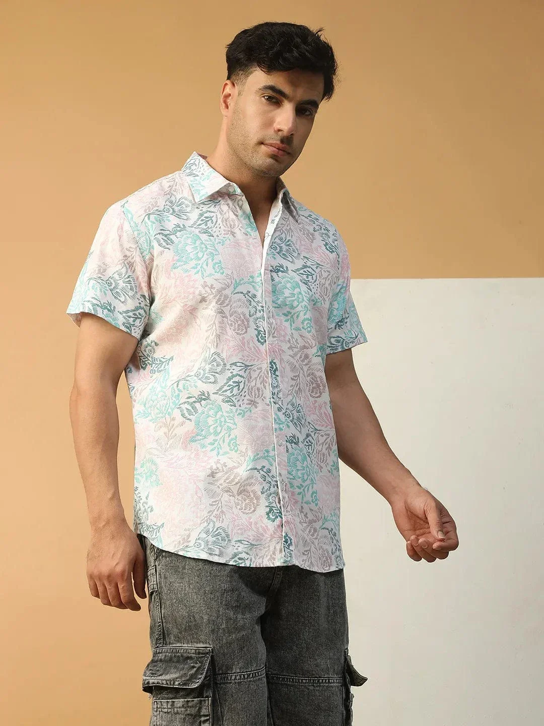 Rizz Tropical Print Multicolor Collared Short Sleeve Men Oversized Cotton Shirt - Image 5