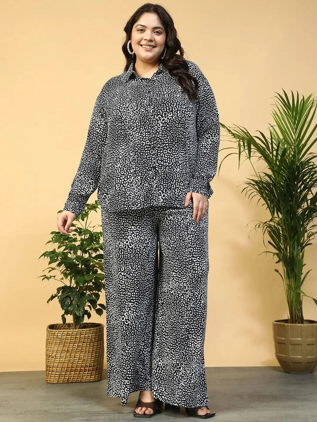 Roar Black Animal Print Collared Shirt with Flared Pants Plus Size Women Co-ord Set