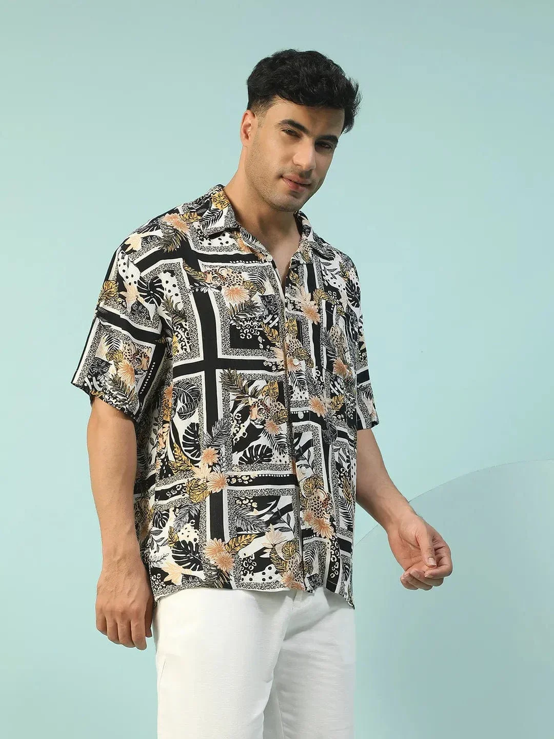 Roar Black Floral Print Lapel Collar Short Sleeve Men Oversized Shirt - Image 4
