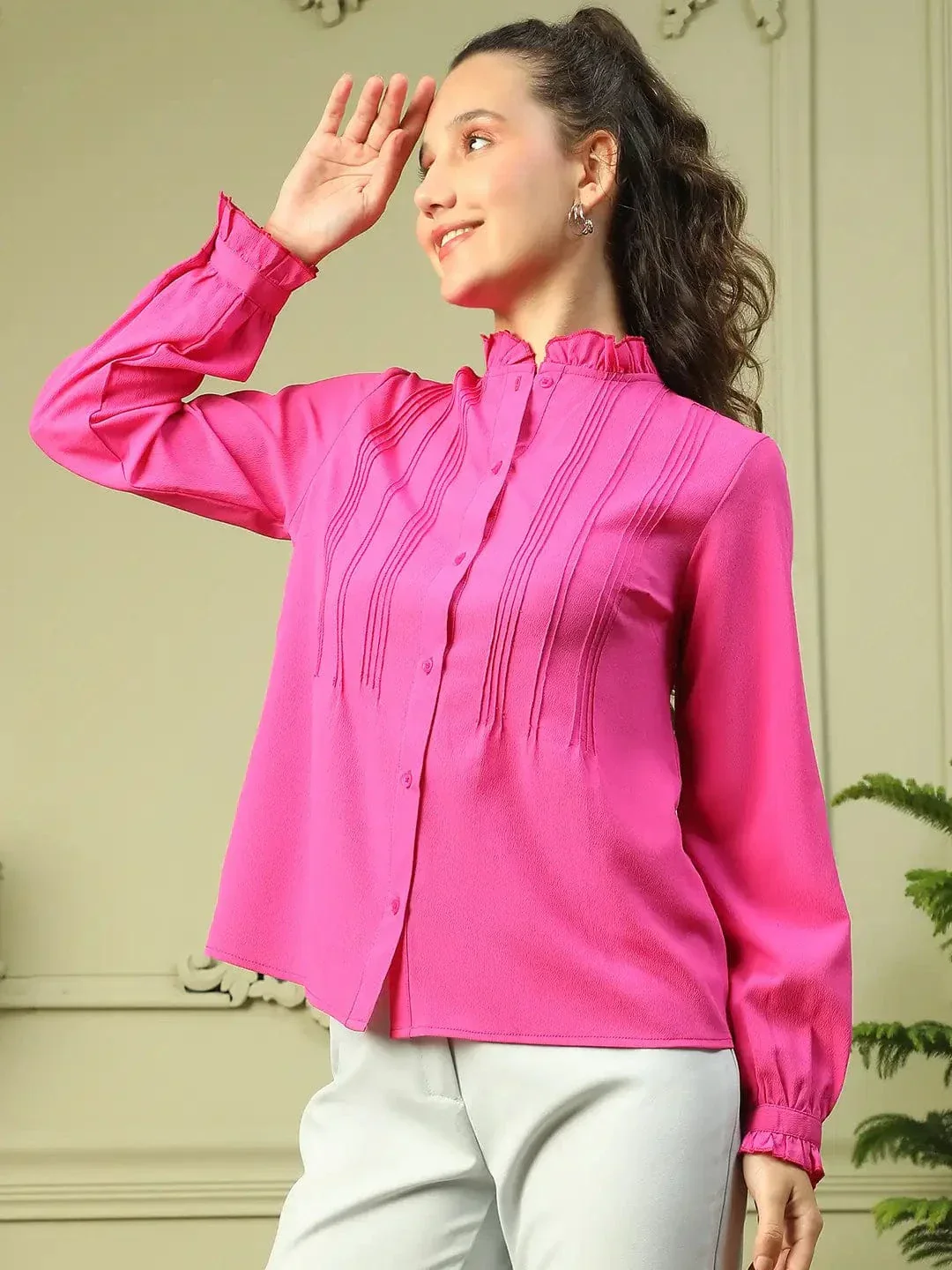 Roll Out Pink Frill Detailed Long Sleeve Button Down Women Pleated Shirt - Image 3