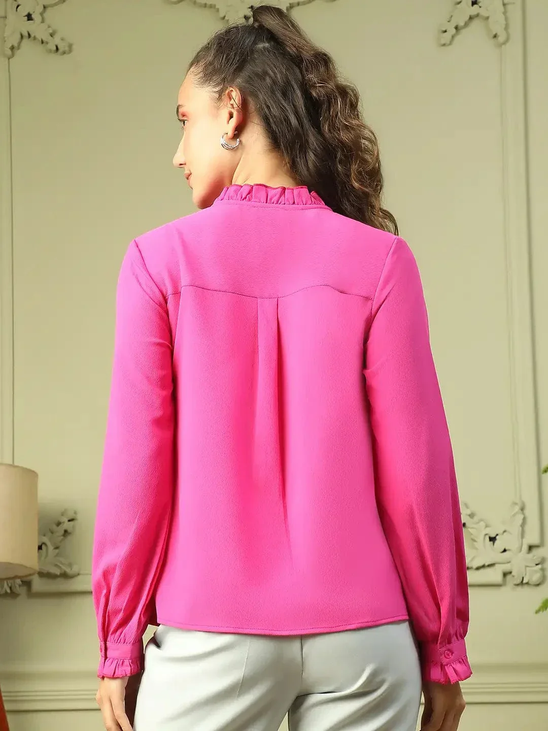 Roll Out Pink Frill Detailed Long Sleeve Button Down Women Pleated Shirt - Image 5