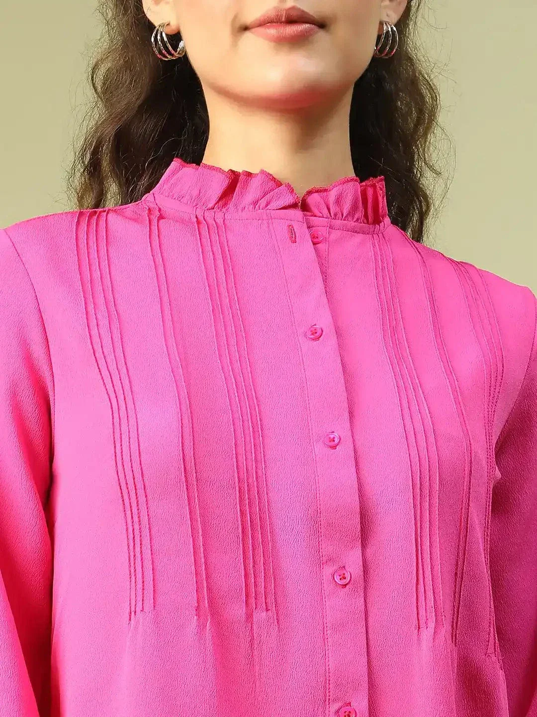 Roll Out Pink Frill Detailed Long Sleeve Button Down Women Pleated Shirt - Image 6