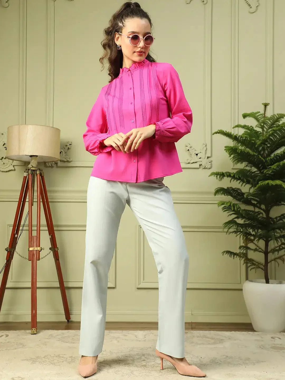 Roll Out Pink Frill Detailed Long Sleeve Button Down Women Pleated Shirt - Image 8