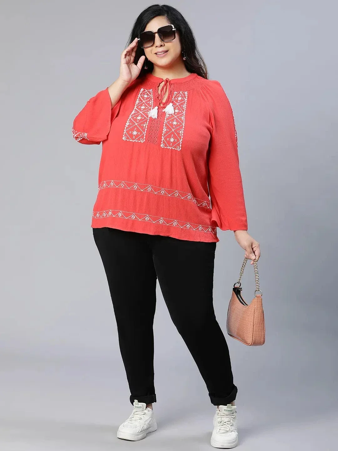 Romed Red Embroidered Plus Size Women Top - Image 7