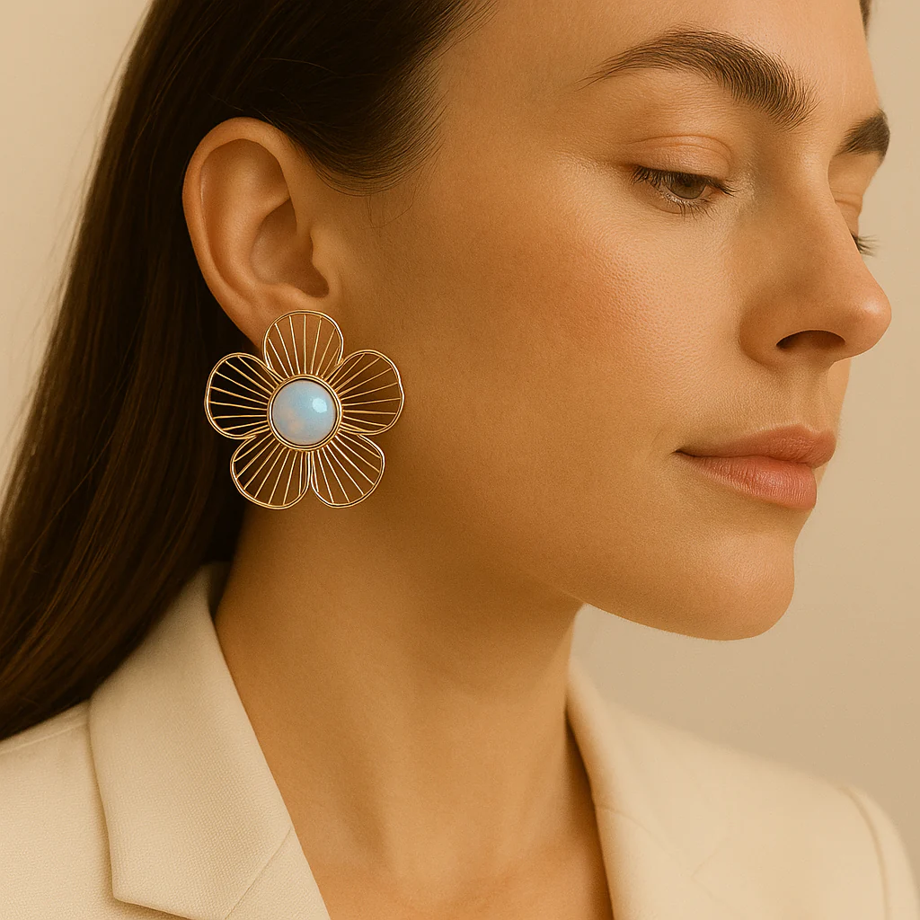 Rose Gold Flower Pearl Earrings - Image 2