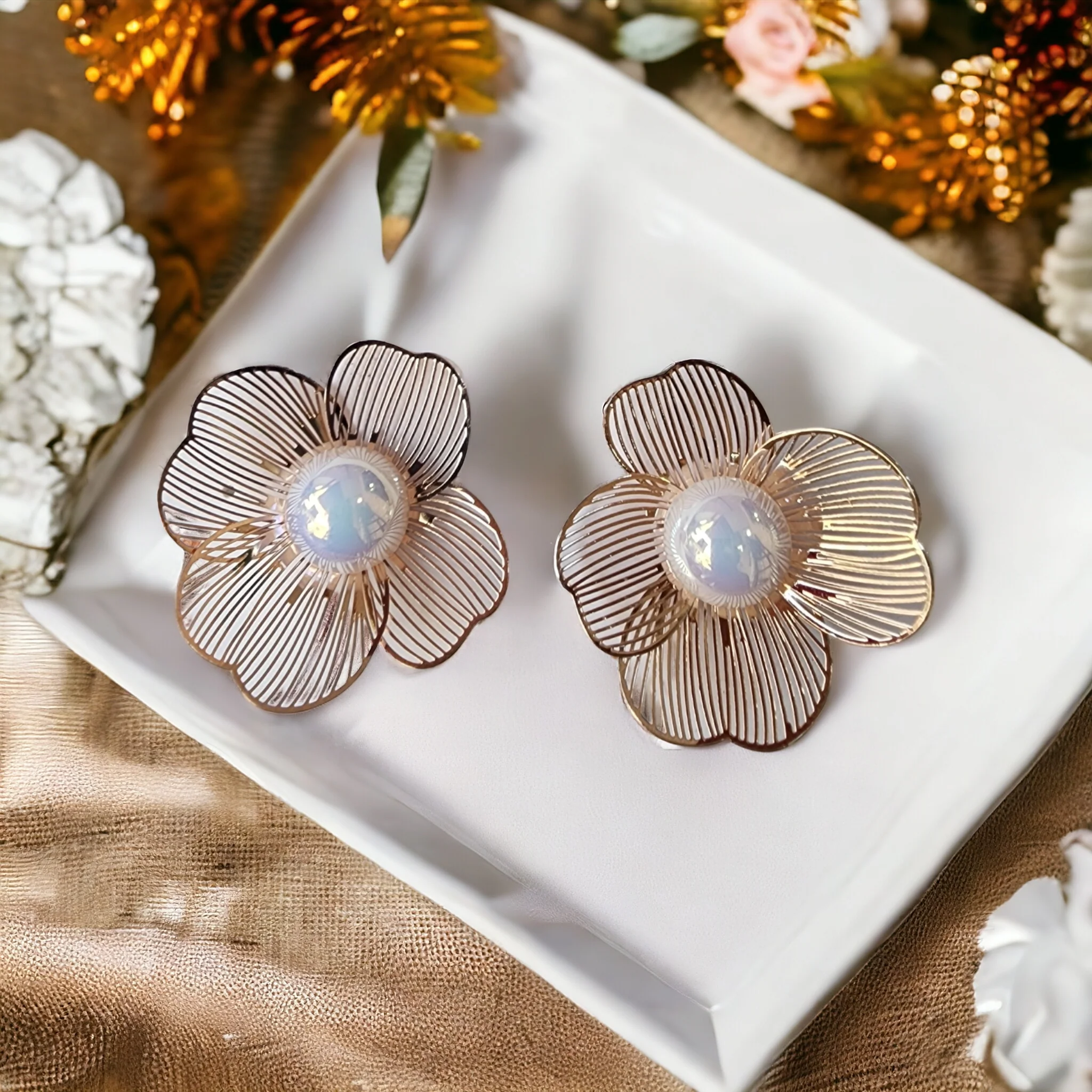 Rose Gold Flower Pearl Earrings - Image 3