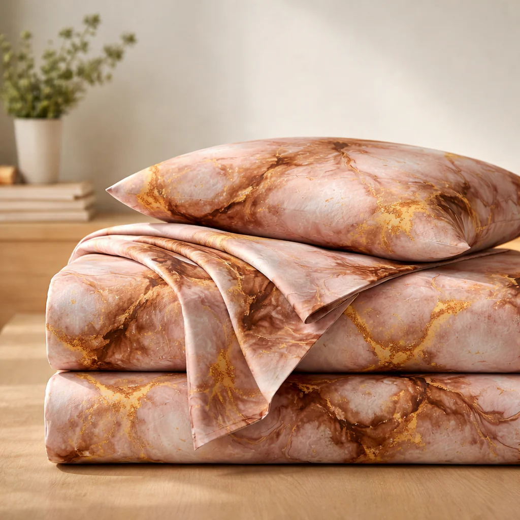 Rose Gold Marble Queen Size Bedsheet with 2 Pillow Covers | Soft Cotton Double Bed Sheet - Image 2