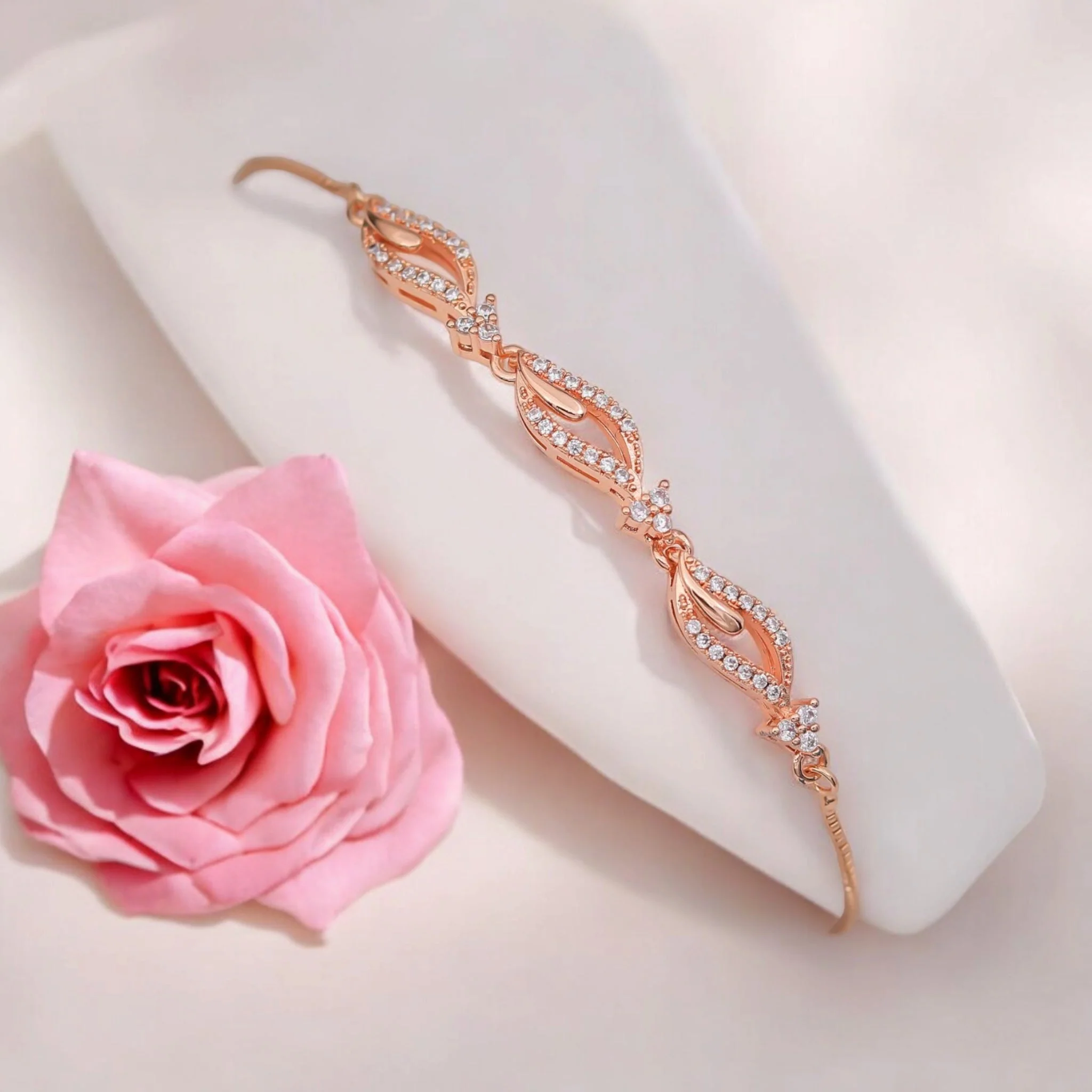 Rose Gold Plated American Diamond Adjustable Bracelet, Stylish Fashion Jewellery Gift For Girls & Women - Image 3