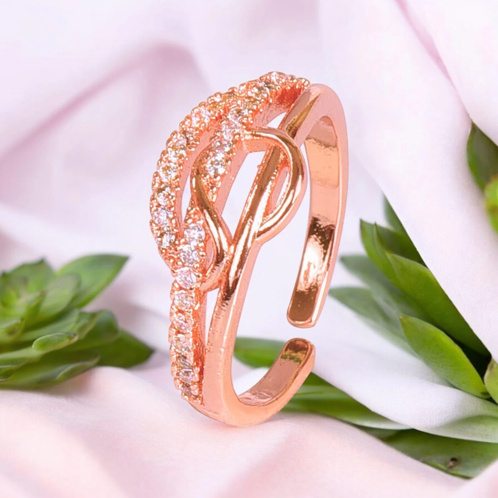 Rose Gold Plated | American Diamond Studded | Adjustable | Finger Ring For Women And Girls, Style 23 - Image 4