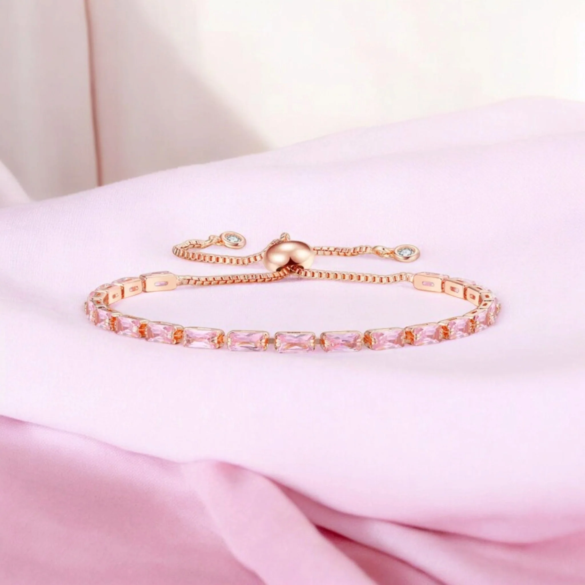 Rose Gold Plated Cubic Zirconia Adjustable Bracelet, Stylish Fashion Jewellery Gift For Girls & Women (Pink) - Image 2