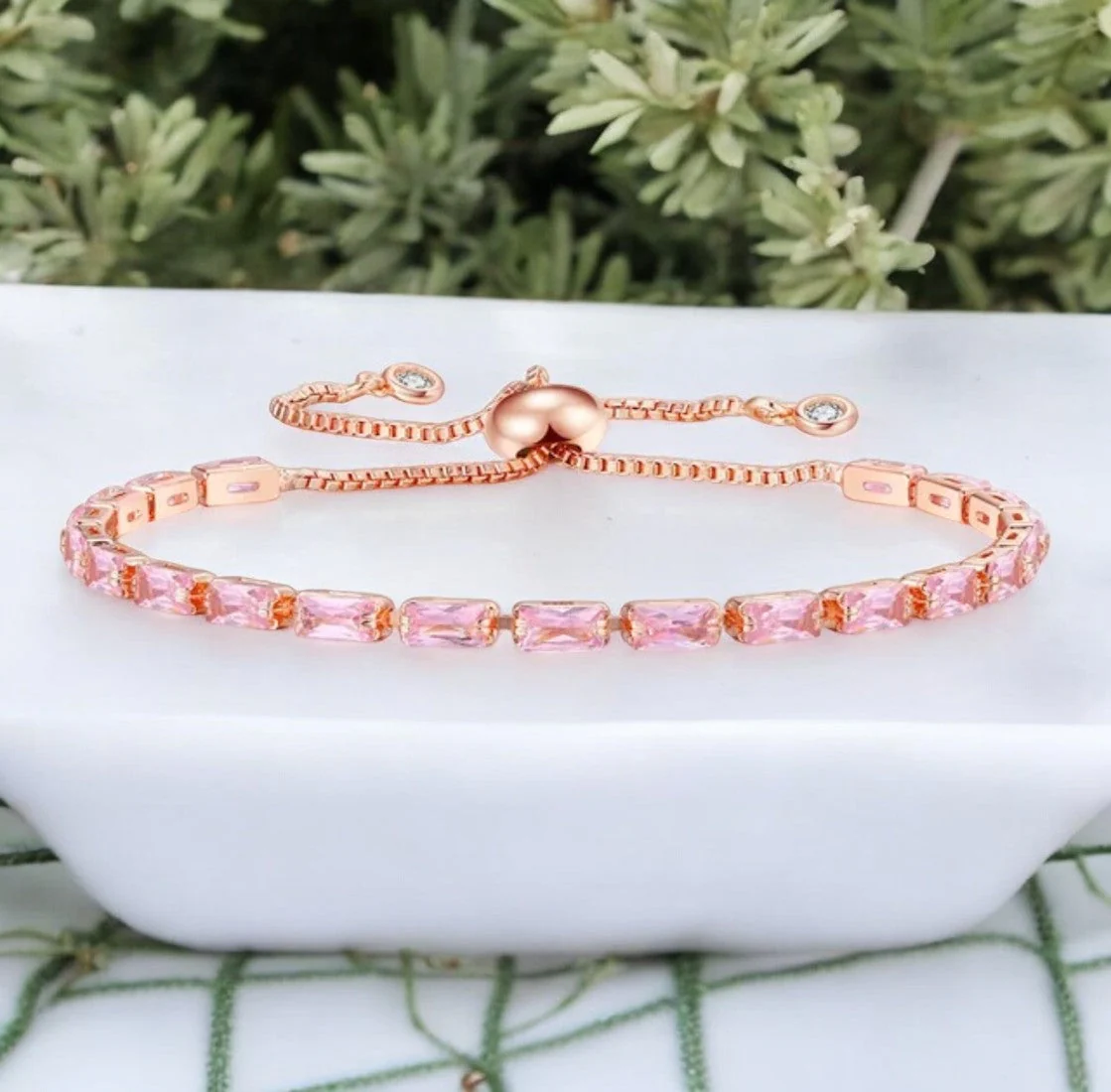 Rose Gold Plated Cubic Zirconia Adjustable Bracelet, Stylish Fashion Jewellery Gift For Girls & Women (Pink) - Image 3