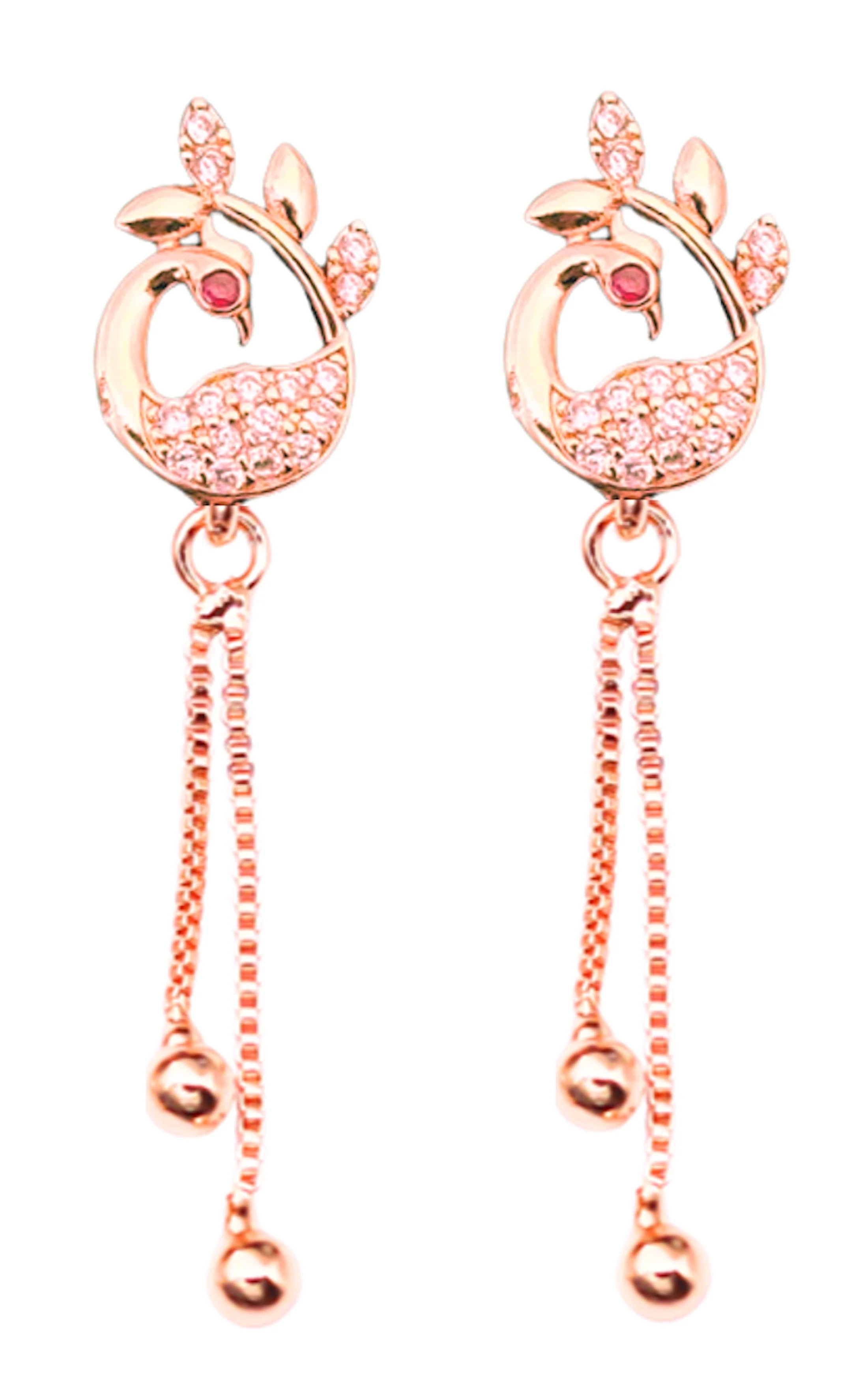 Rose Gold Plated Long Earrings, American Diamond Studded Lightweight Danglers Drop Earrings For Women And Girls (Peacock)