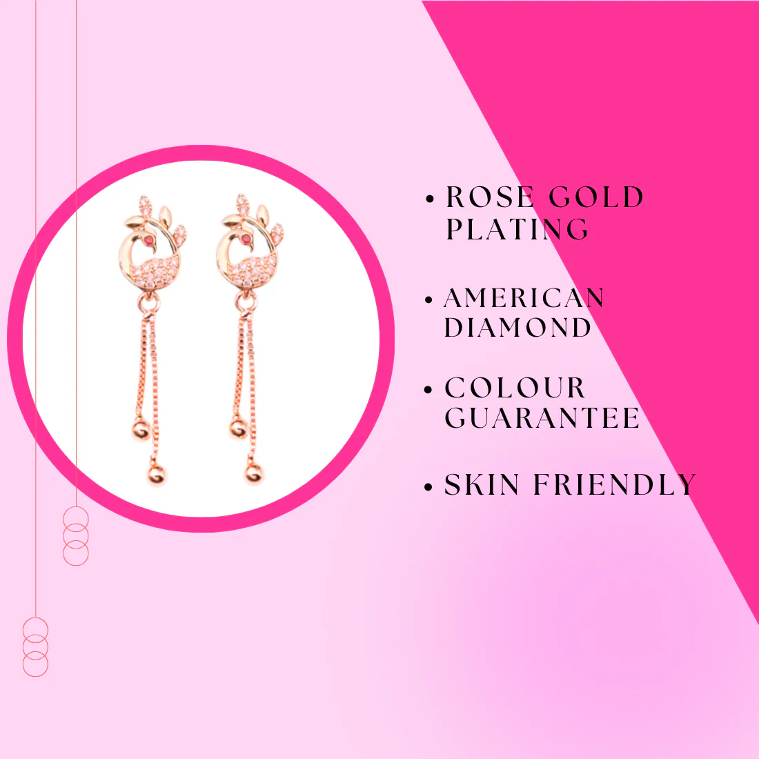 Rose Gold Plated Long Earrings, American Diamond Studded Lightweight Danglers Drop Earrings For Women And Girls (Peacock) - Image 4