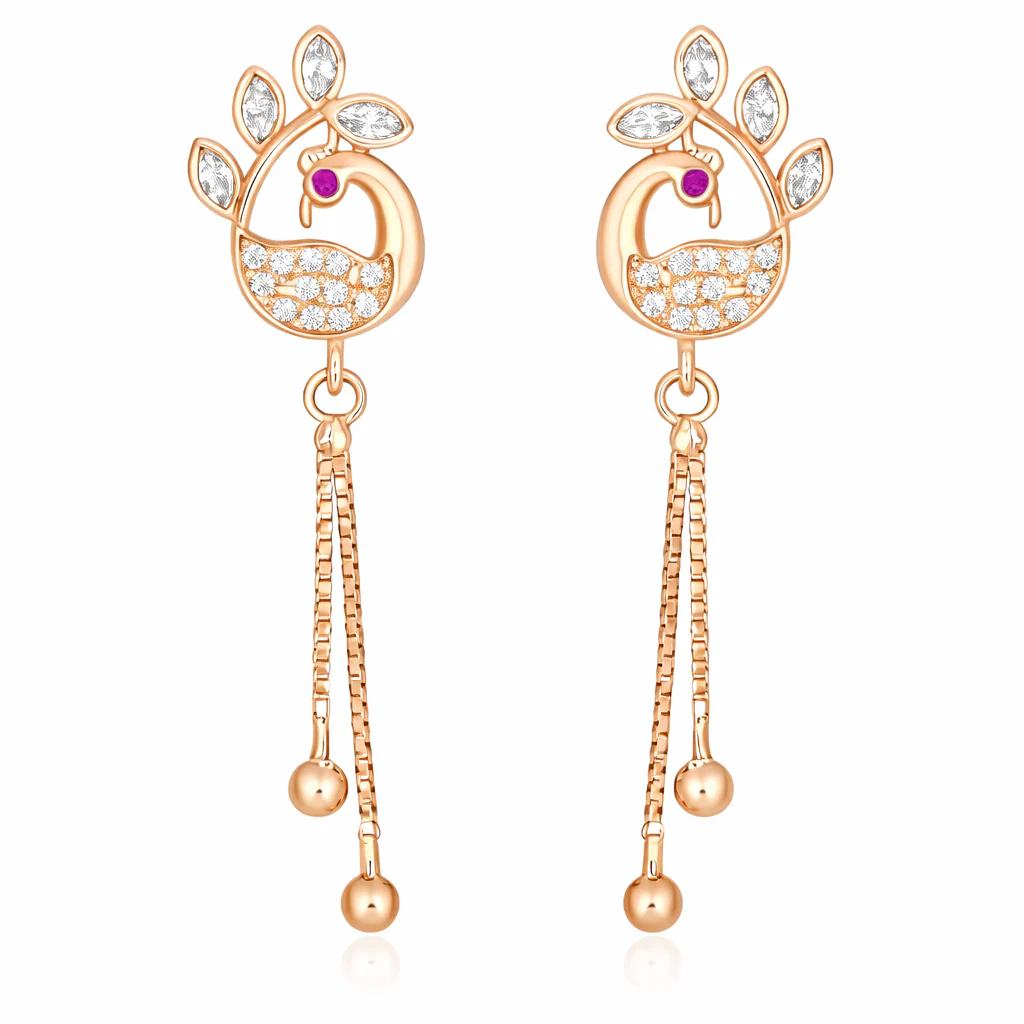 Rose Gold Plated Long Earrings, American Diamond Studded Lightweight Danglers Drop Earrings For Women And Girls (Peacock) - Image 7