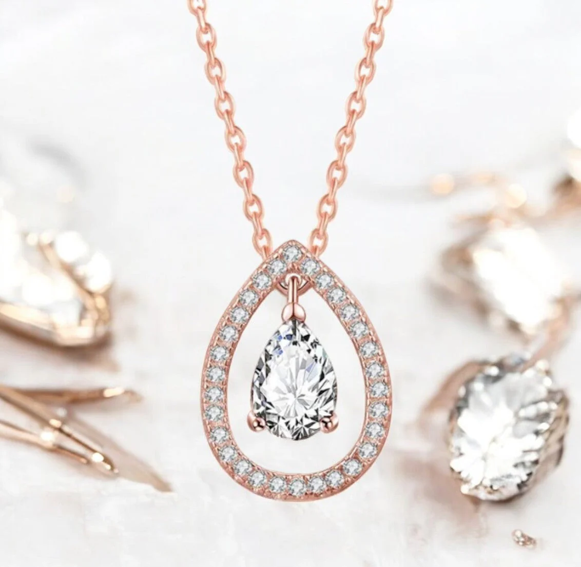 Rose Gold Plated White Cubic Zirconia Studded Pendant For Women With Link Chain, Jewellery Gifts For Women & Girls (Rose Gold) - Image 2