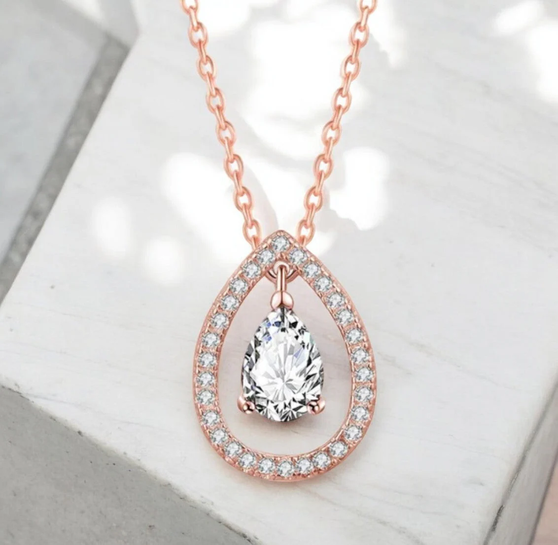 Rose Gold Plated White Cubic Zirconia Studded Pendant For Women With Link Chain, Jewellery Gifts For Women & Girls (Rose Gold) - Image 3