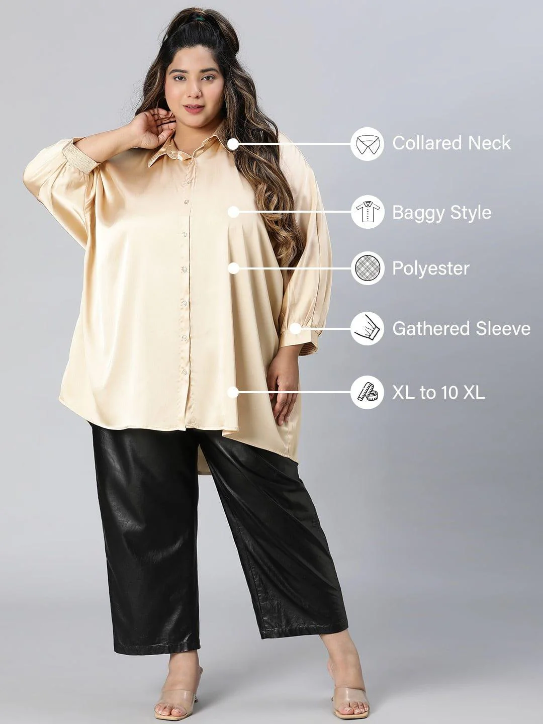 Royal Beige Collared Baggy Style Plus Size Shirt - Image 2