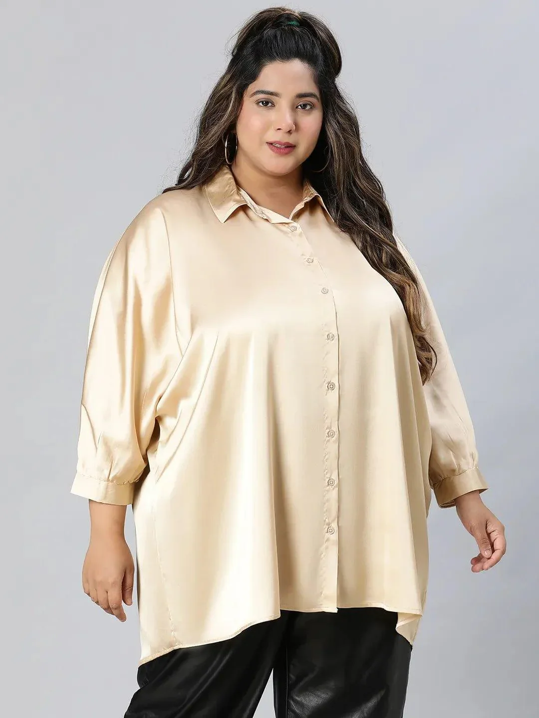 Royal Beige Collared Baggy Style Plus Size Shirt - Image 4
