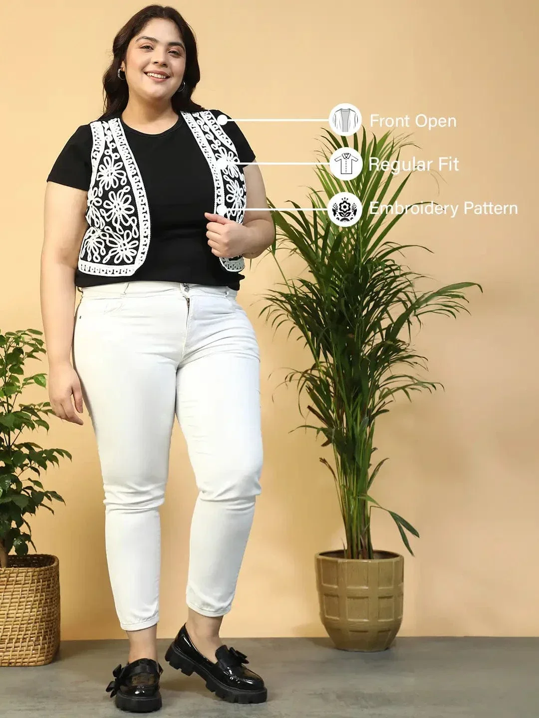 Royal Black Embroidered Sleeveless Jodhpuri Style Plus Size Women Cotton Shrug - Image 2