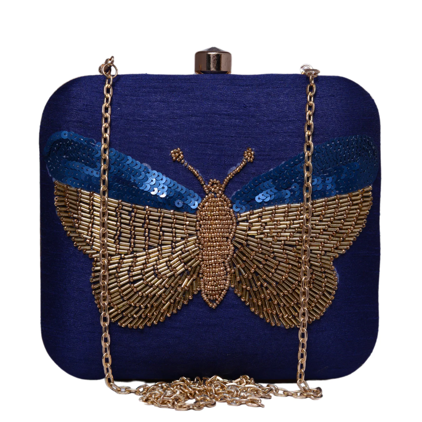 ROYAL BLUE EMBROIDERY WORK ART SILK CLUTCH - Image 2