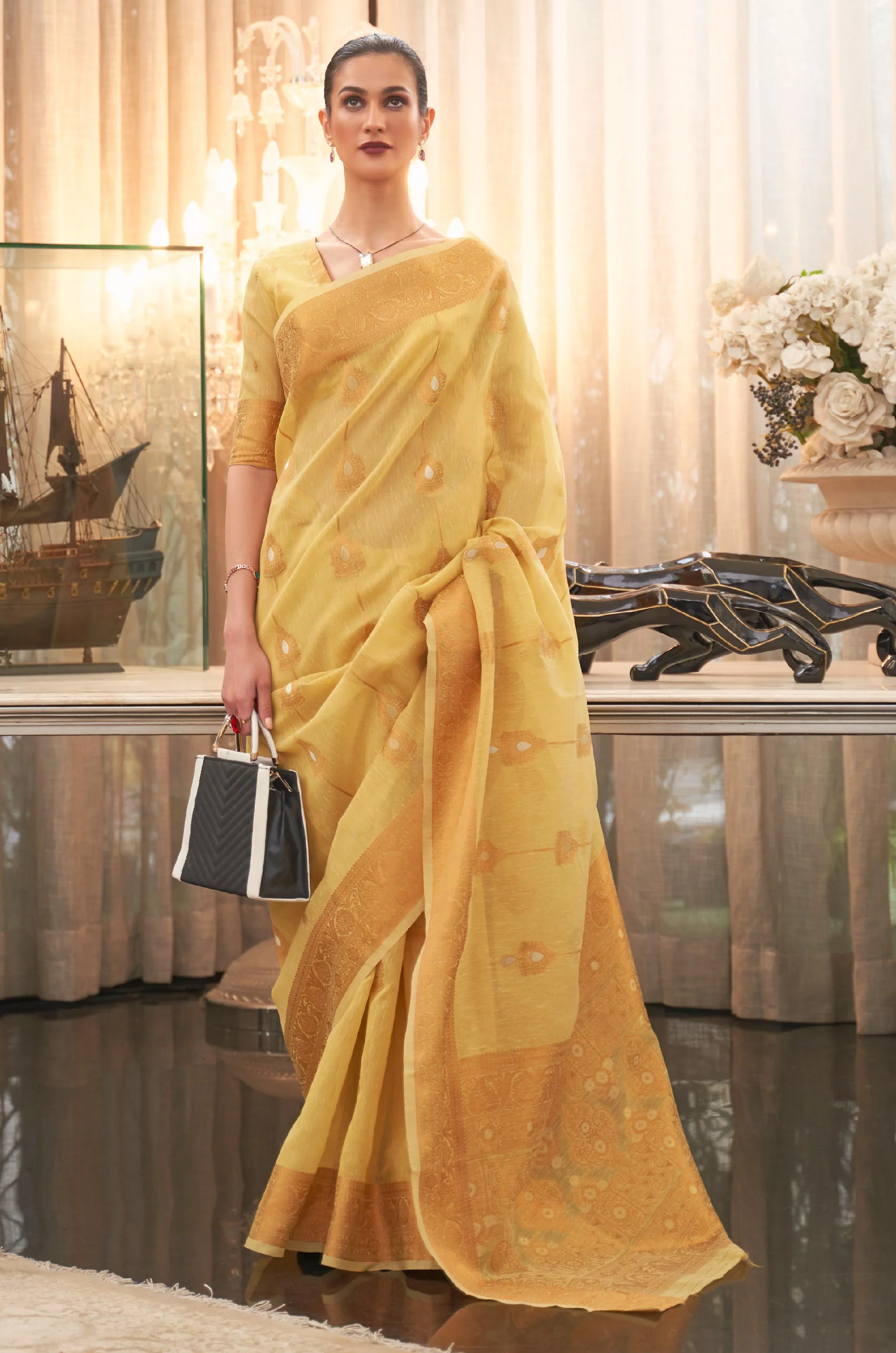 Royal Yellow Woven Linen Silk Saree
