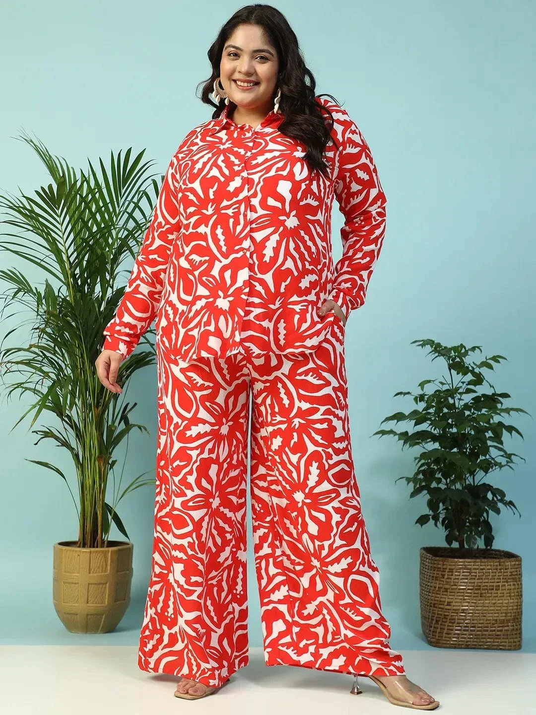 Ruby Red Floral Print Flared Elasticated Waist With Tie-Up Detail Plus Size Women Pant - Image 2