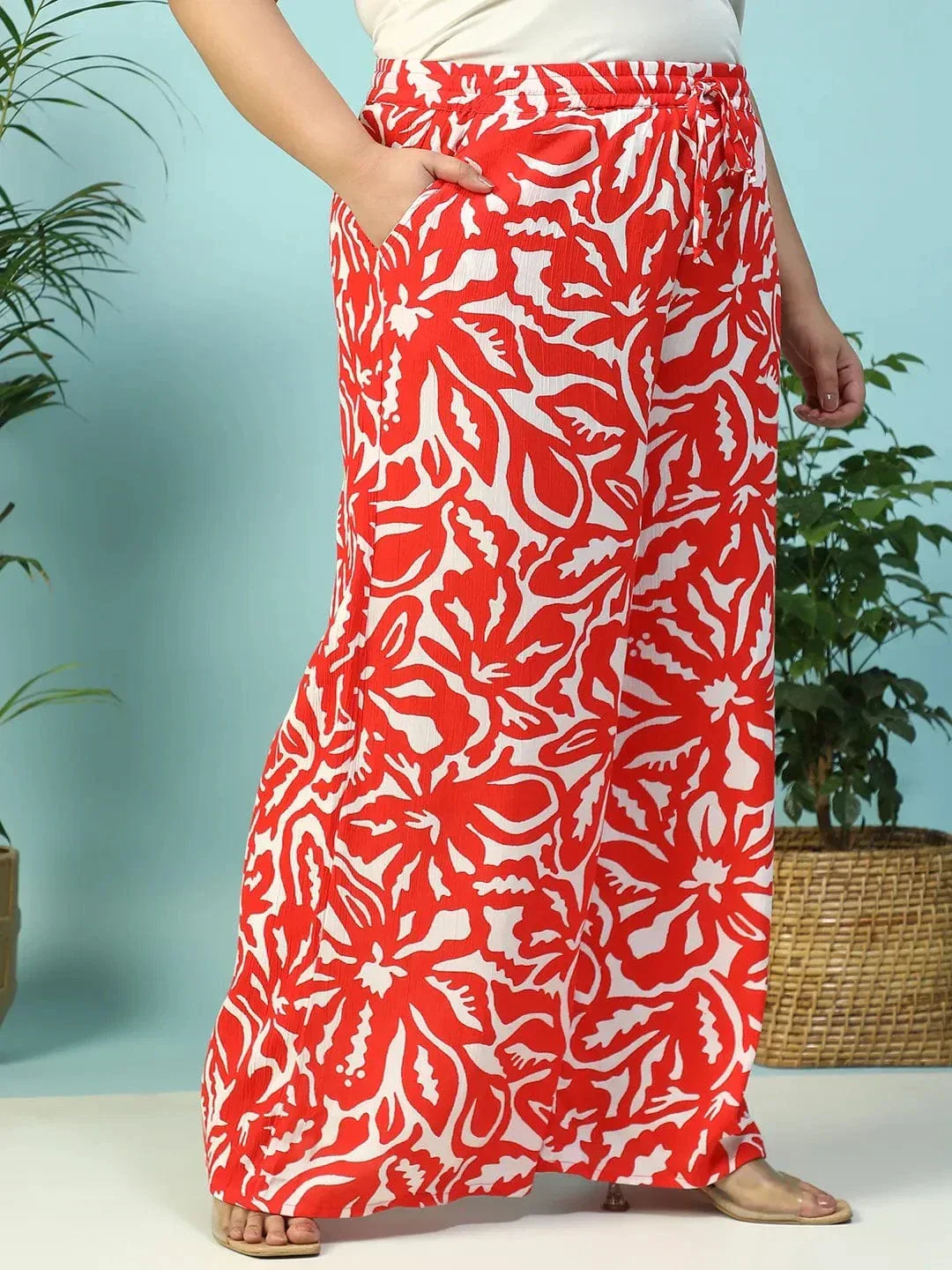 Ruby Red Floral Print Flared Elasticated Waist With Tie-Up Detail Plus Size Women Pant - Image 4