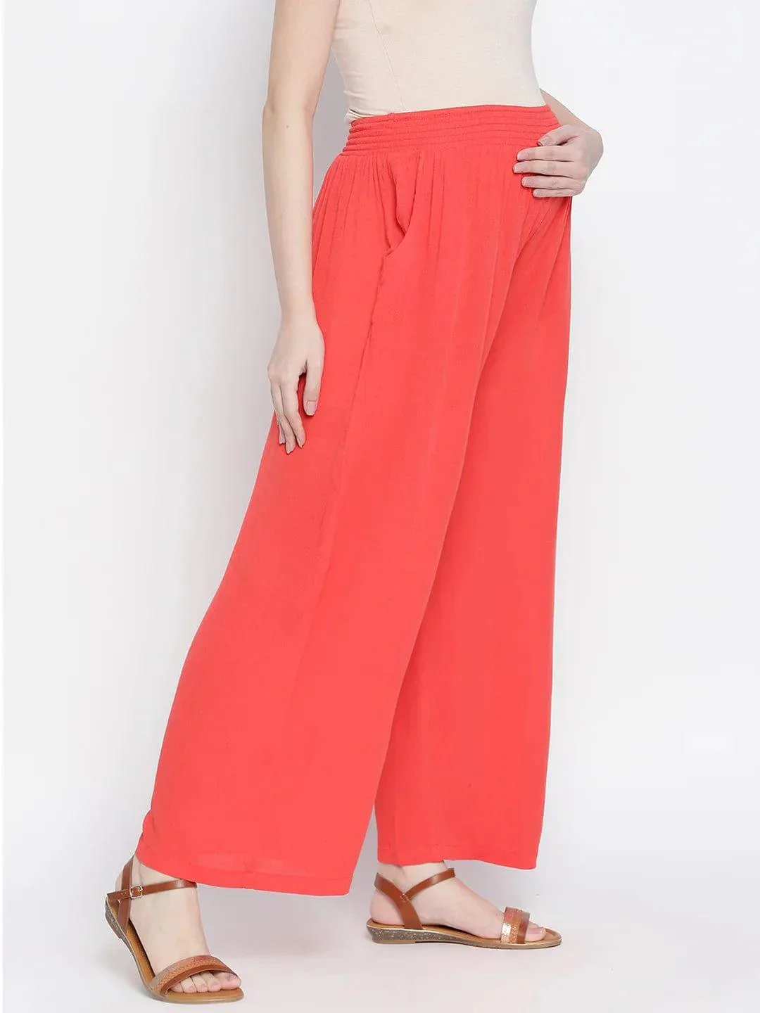Ruby Red Flush Maternity Smocking Waist Pants For Expecting Moms - Image 4