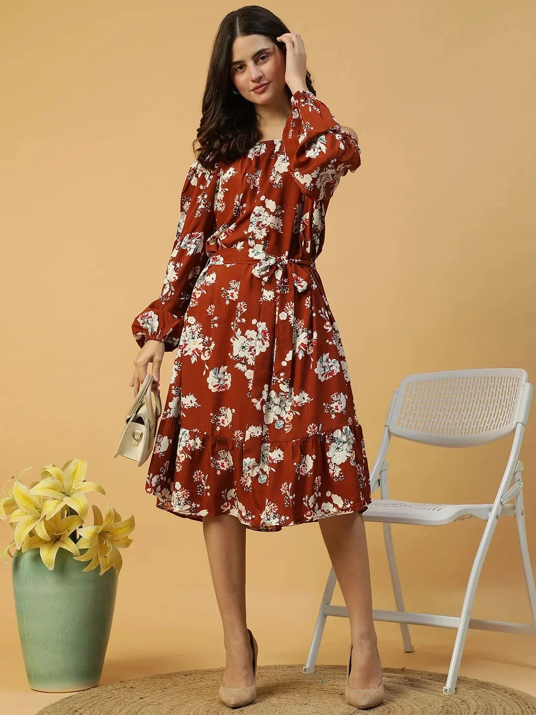 Rust Floral Print Long Sleeve Elasticated Waist With Tie-Up Belt Women Off Shoulder Dress - Image 8