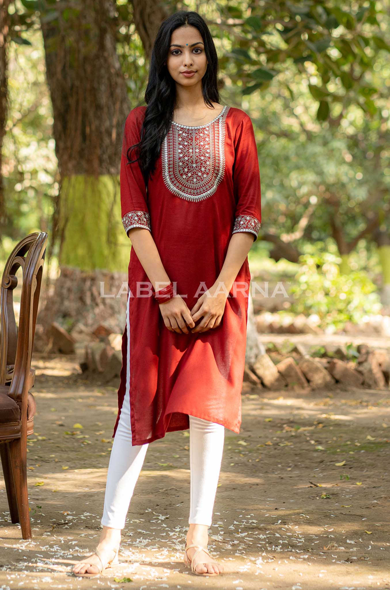 Rustic Red Viscose Rayon Embroidered Kurti