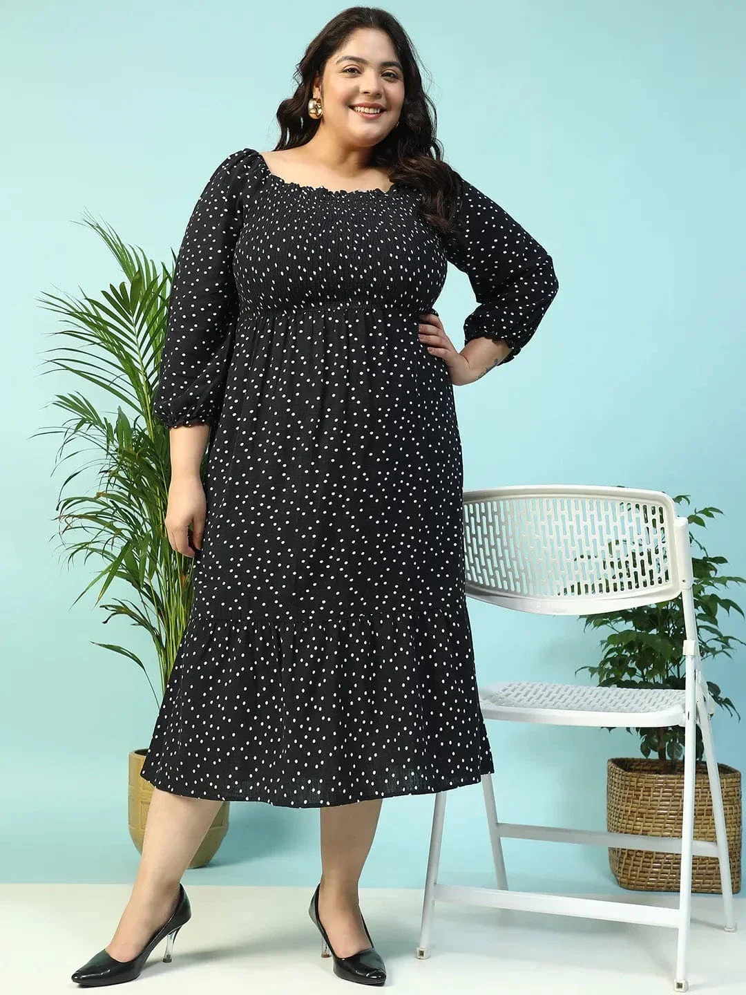 Sable Black Polka Dot Print Long Sleeve Plus Size Women Long Cotton Dress - Image 2