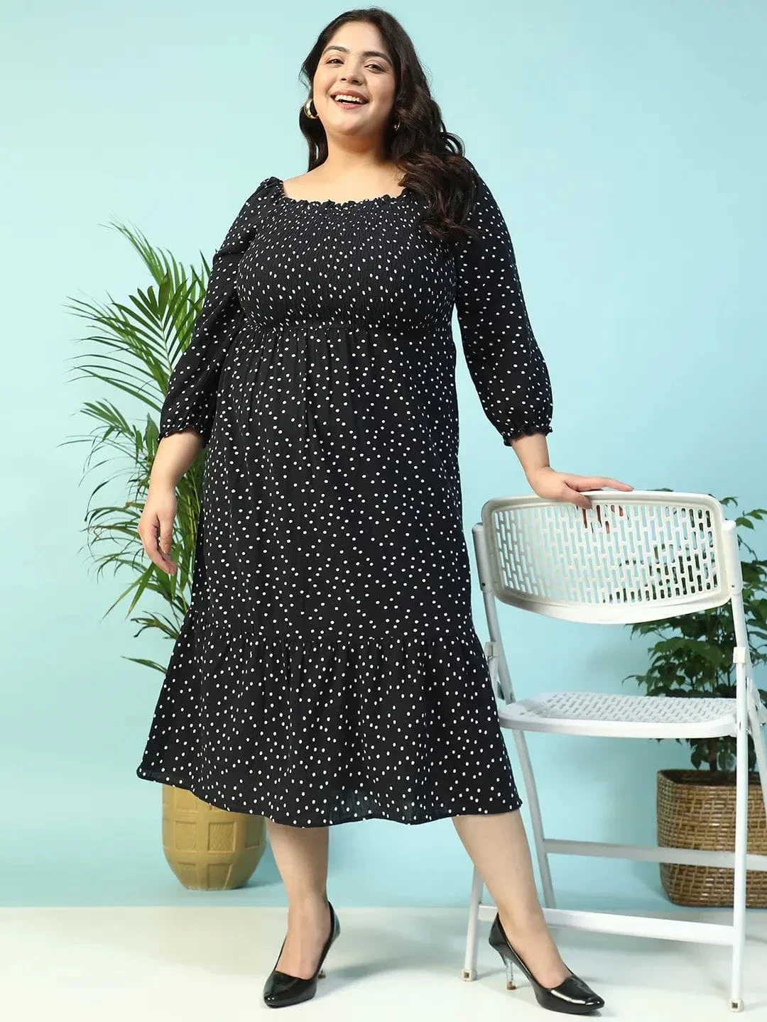 Sable Black Polka Dot Print Long Sleeve Plus Size Women Long Cotton Dress - Image 3