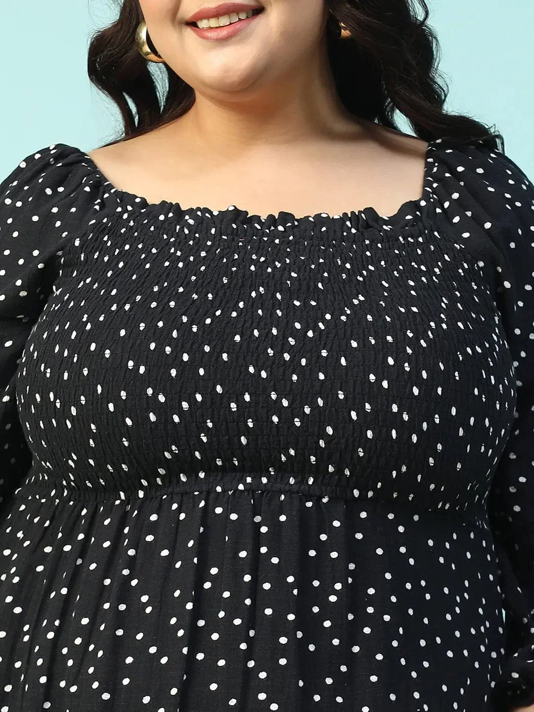Sable Black Polka Dot Print Long Sleeve Plus Size Women Long Cotton Dress - Image 7