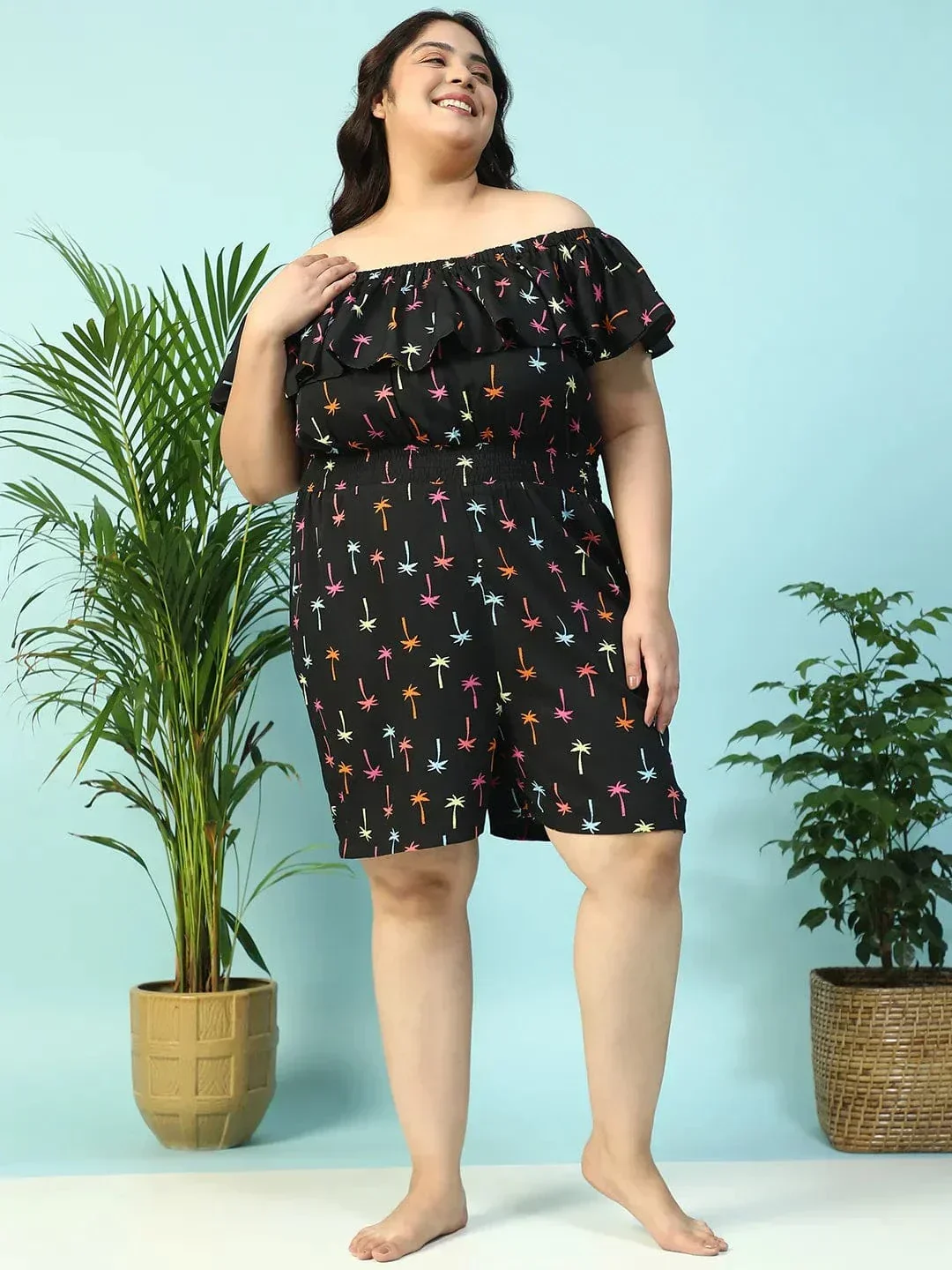 Sailer Black Star Print Elasticated Off - Shoulder Plus Size Beachwear Playsuit - Image 3