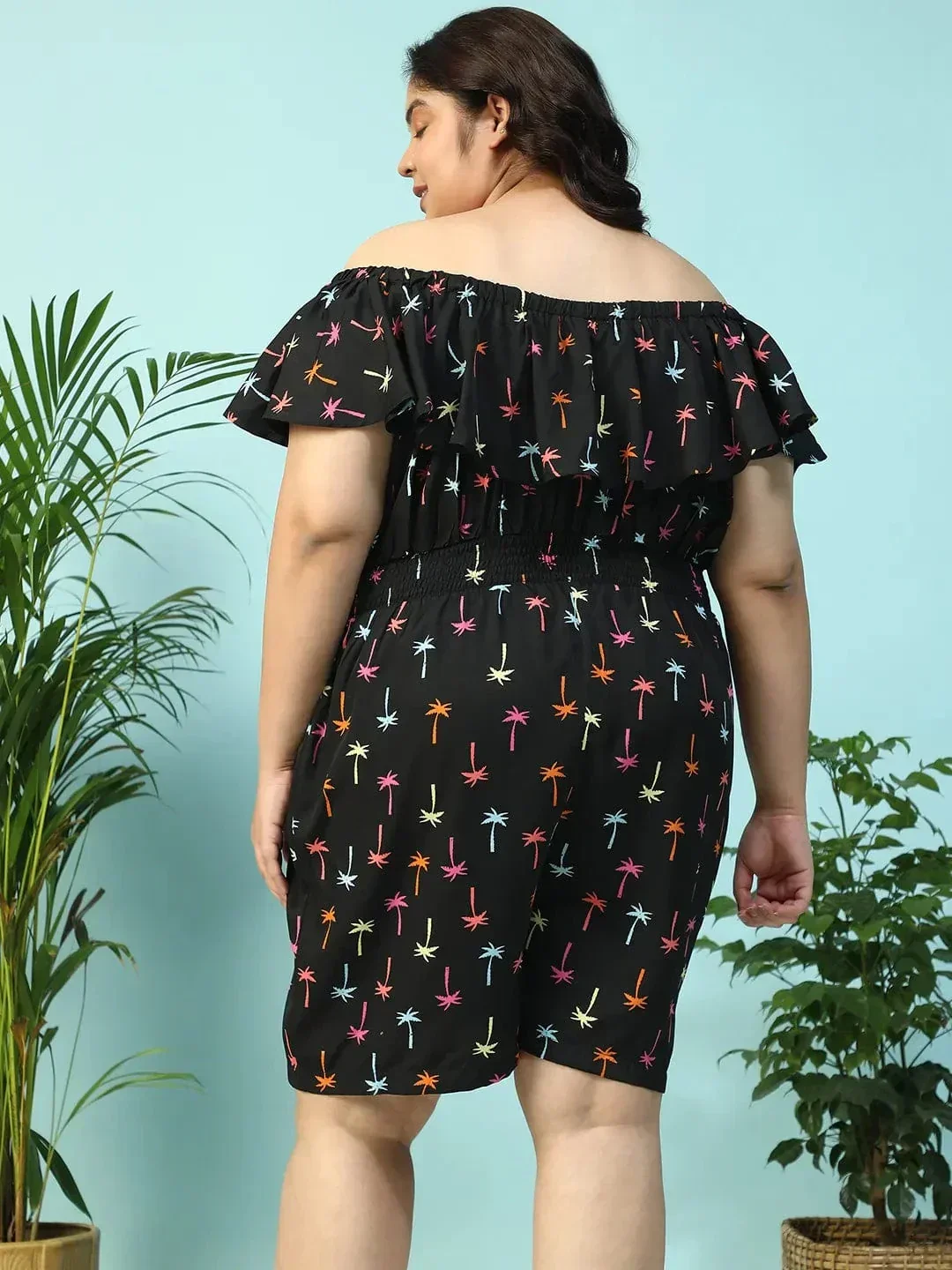 Sailer Black Star Print Elasticated Off - Shoulder Plus Size Beachwear Playsuit - Image 6