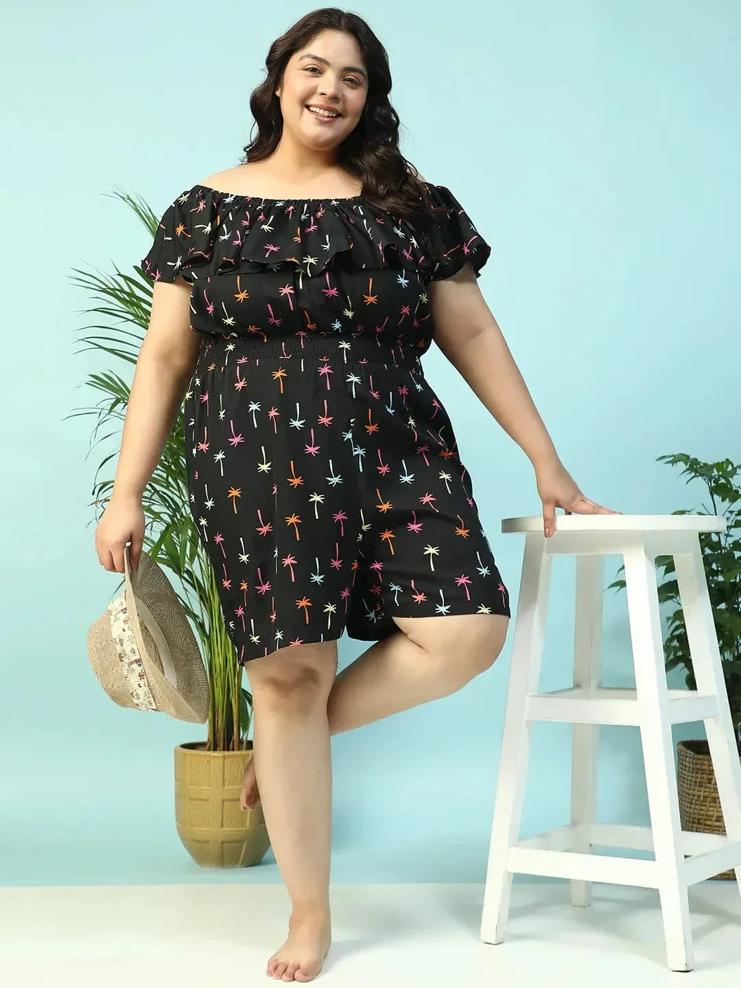 Sailer Black Star Print Elasticated Off - Shoulder Plus Size Beachwear Playsuit - Image 8