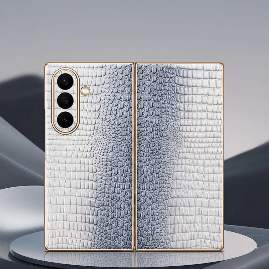 Samsung Z Fold Series Case with Crocodile Pattern Electroplated Gold trim Genuine Leather Case - Image 9