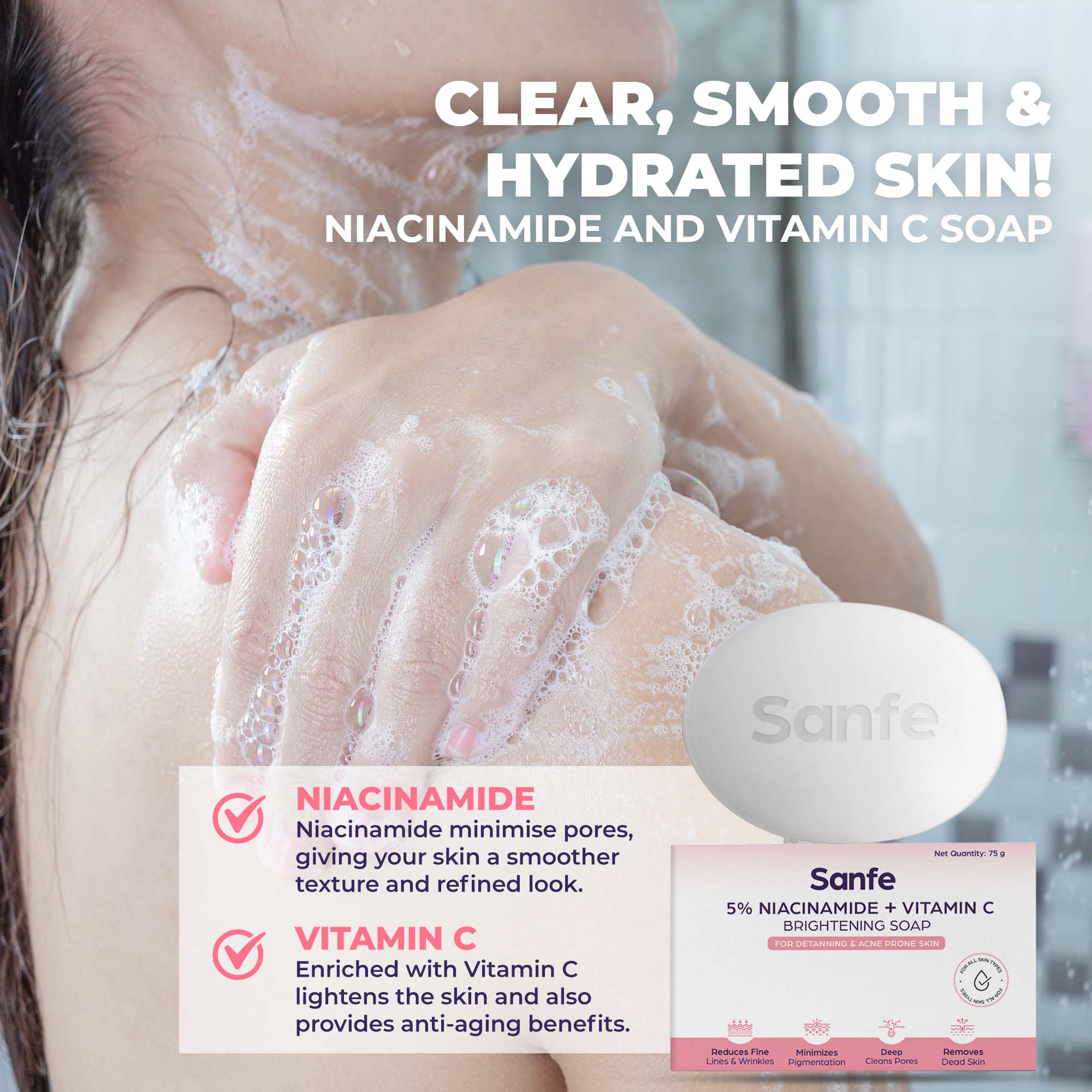 Sanfe 5% Niacinamide & Vitamin C Brightening Soap 75g (Pack of 3) - Image 3