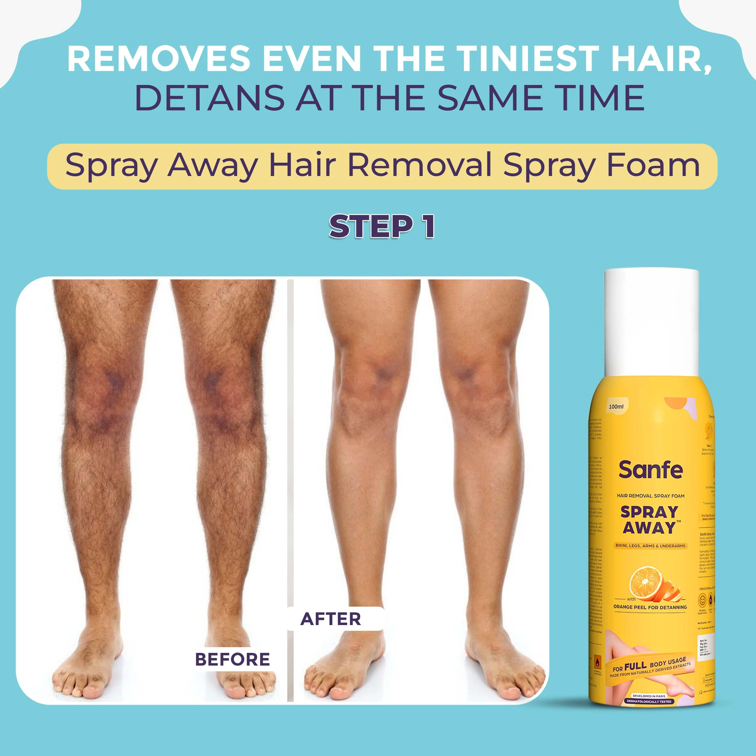 Sanfe Clean & Detan Kit | For Arms & Legs | Sanfe Hair Removal Spray & Sanfe Instalite Wipe-off Body Cream| For Men - Image 2