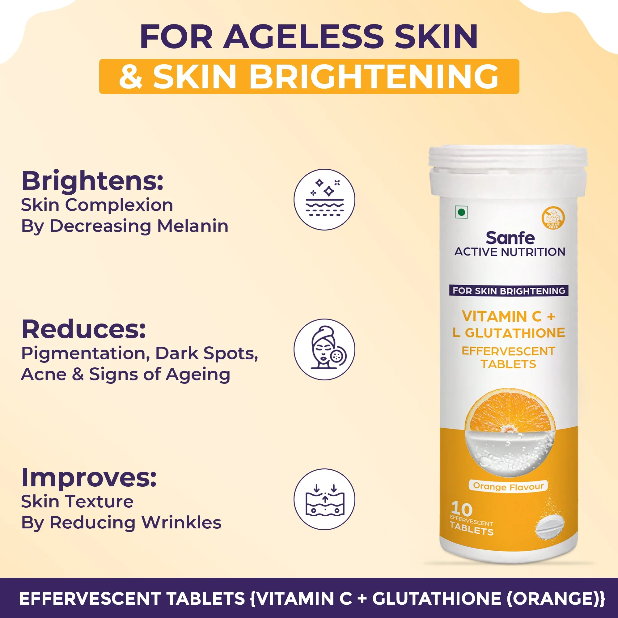 Sanfe Effervescent Tablets, Vitamin C + L Glutathione (Orange) | For Skin Brightening, 10 Tablets - Image 2