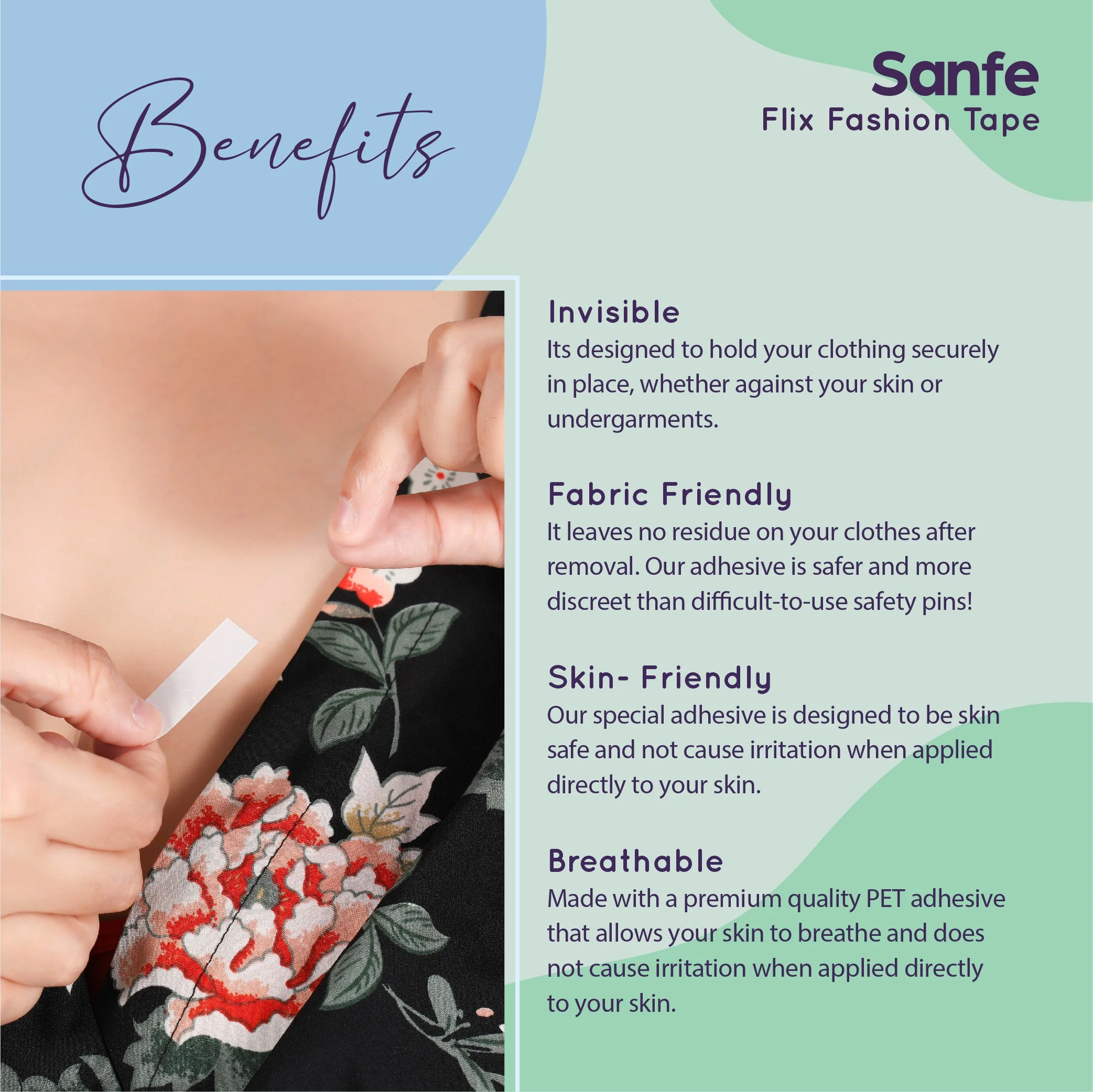 Sanfe Flix Fashion Tape | Fabric Tape & Body Tape | 36 piece Double sided fashion tape, Backless support, Fabric friendly Adhesive - Image 8