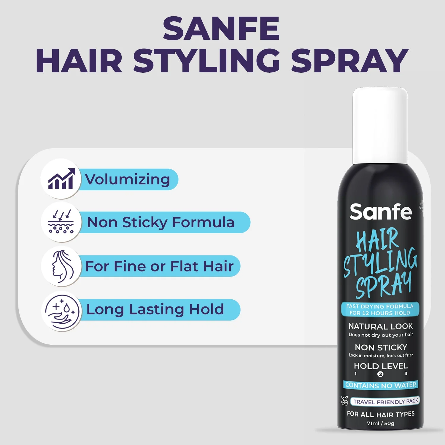 Sanfe Hair Styling Spray Fast Drying Formula, 12 Hours Hold Natural Look, Non-Sticky - 50gm - Image 4